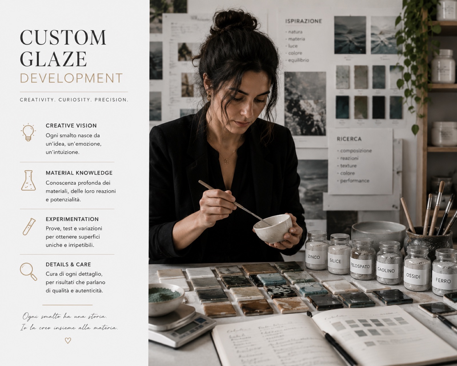Custom glaze development: a colourist testing glaze mixes on ceramic tiles in a studio, surrounded by mineral samples and inspiration boards