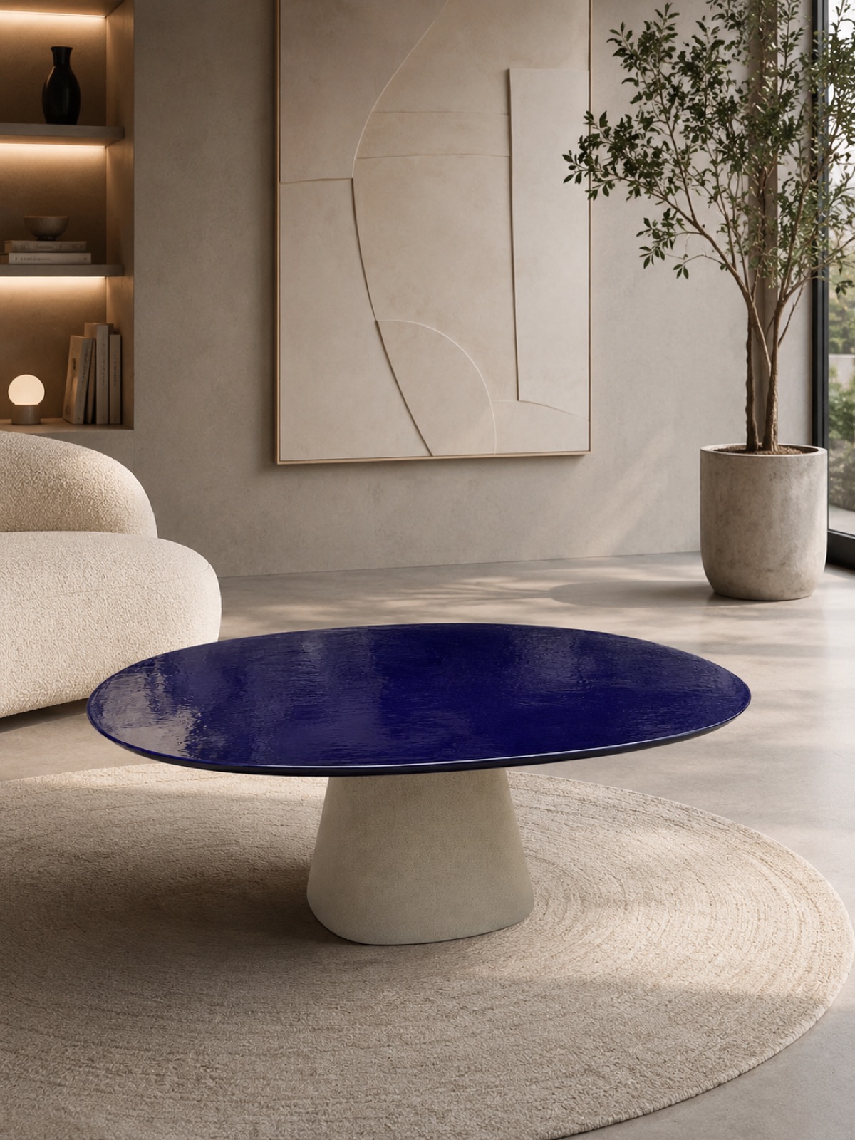 Camillo coffee table, oval cobalt-glazed lava stone top on a conical stone base