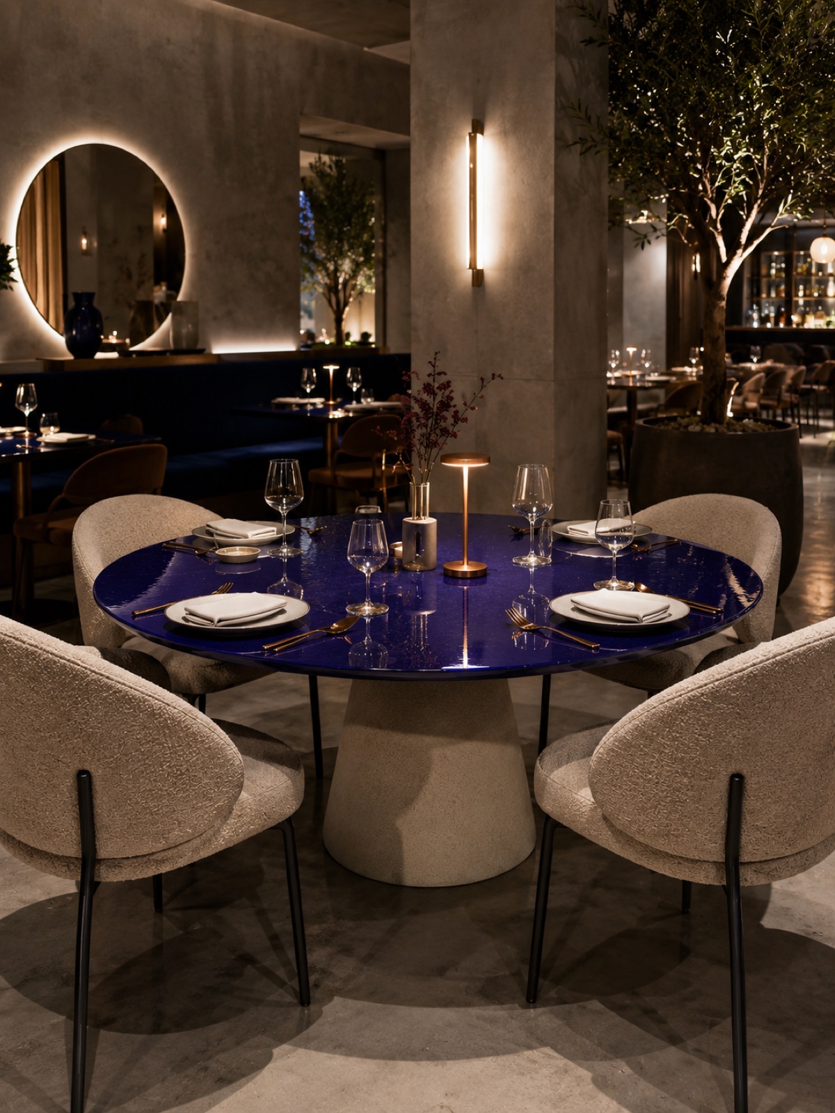 Camillo dining table, round cobalt-glazed lava stone top on a conical stone base