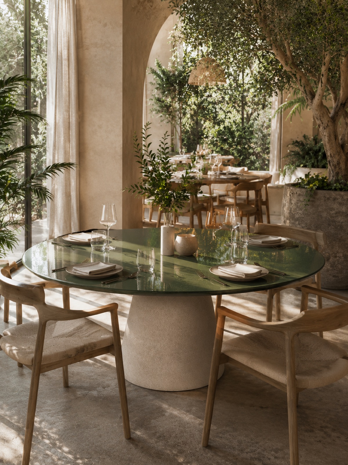 Camillo dining table in olive-green glaze, restaurant setting