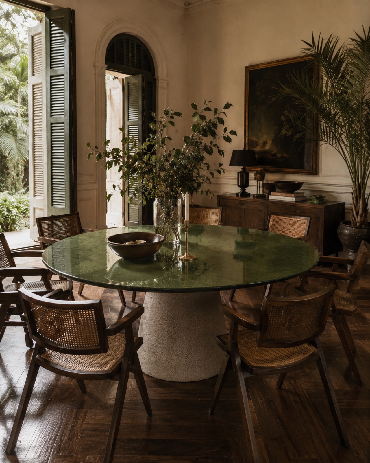 Camillo dining table in olive-green glaze, garden room setting