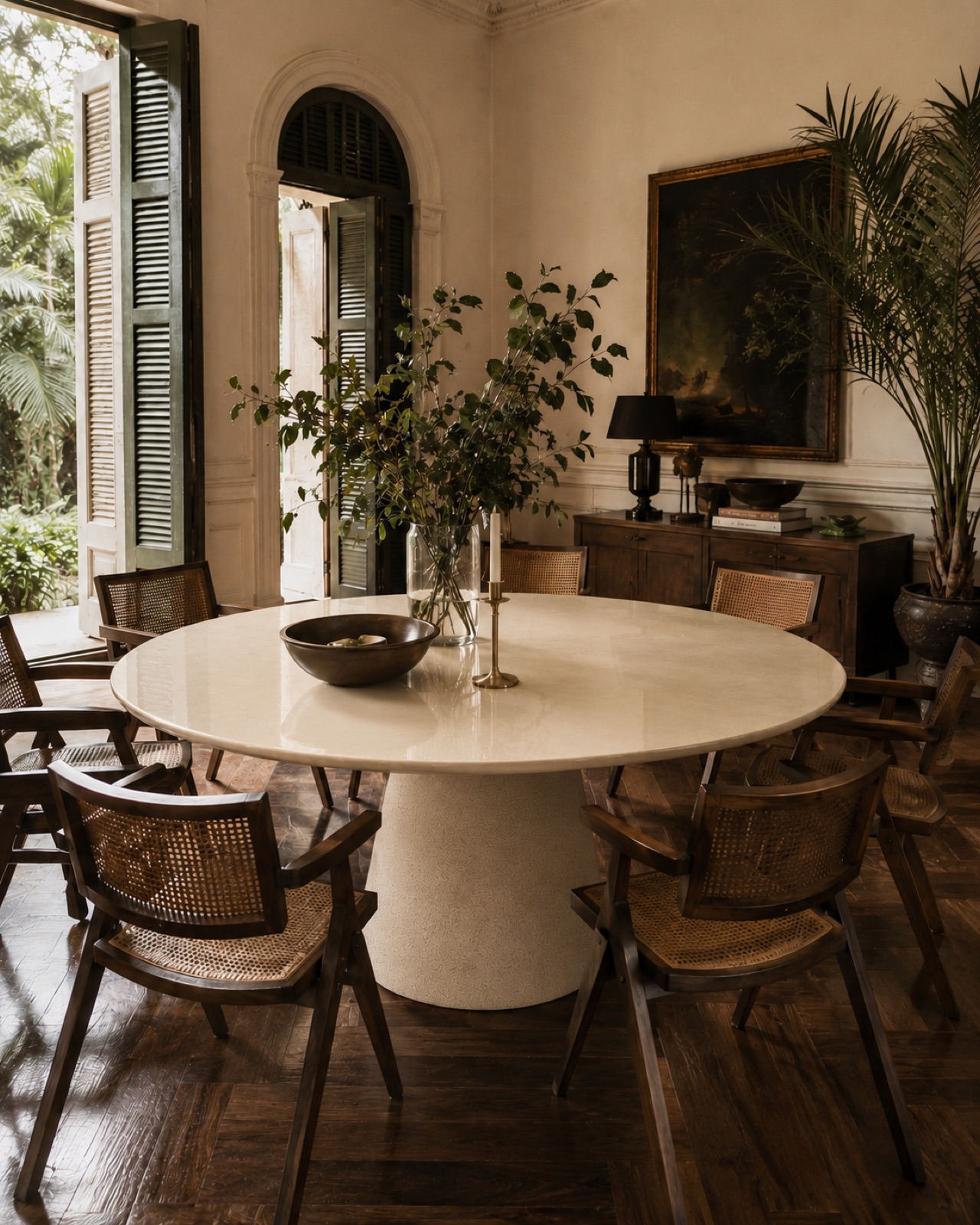 Camillo dining table in raw ivory stone, colonial interior