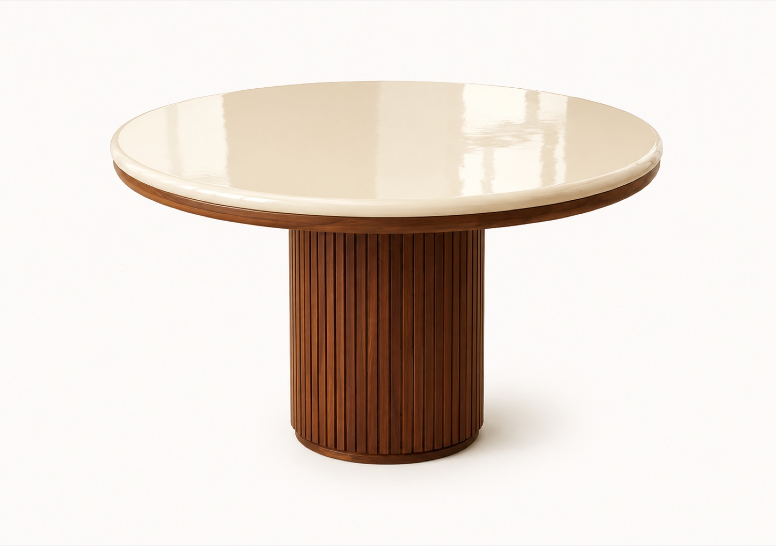Rocco round coffee table, ivory lacquered top on a fluted walnut column base