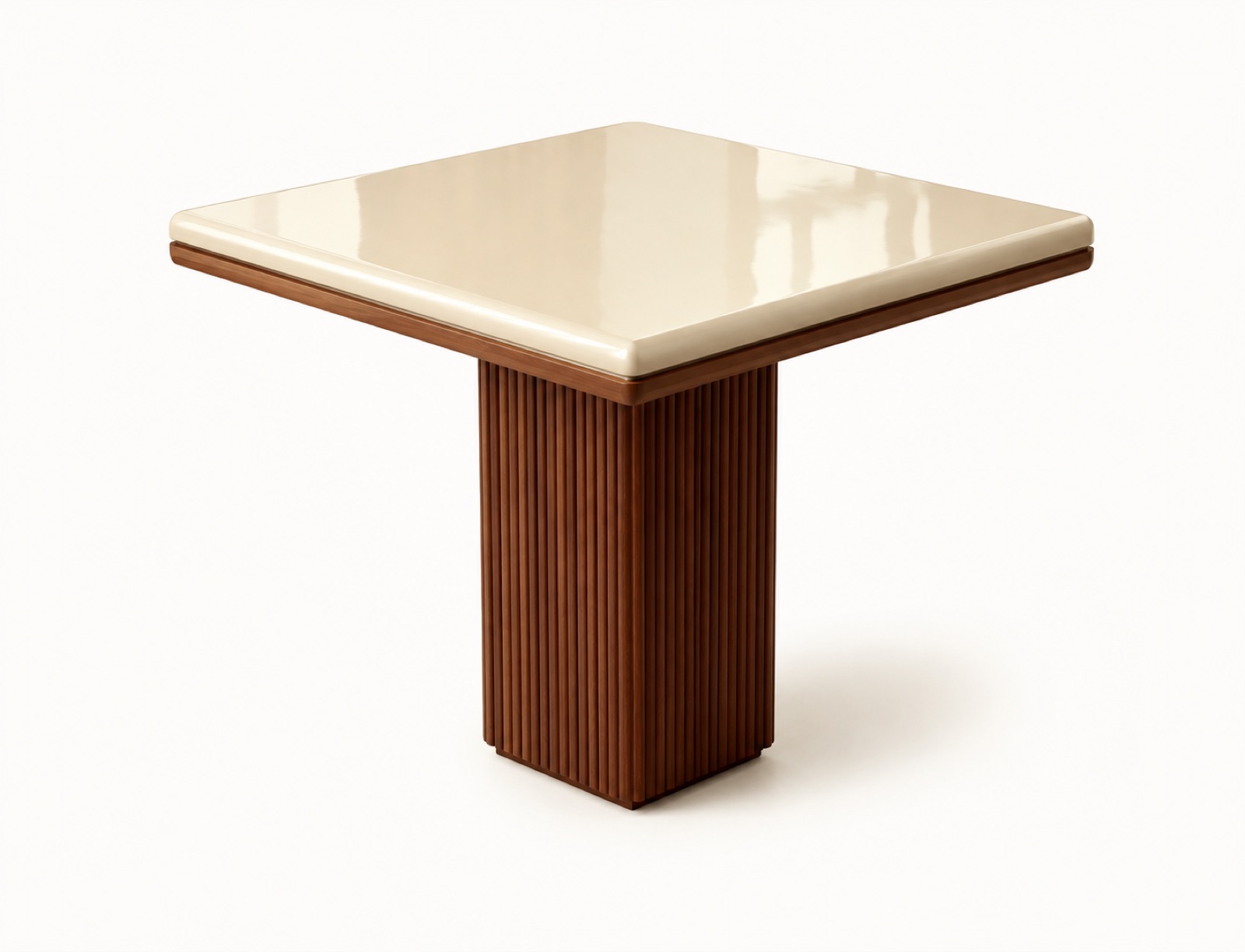 Rocco square coffee table, ivory lacquered top on a fluted walnut column base