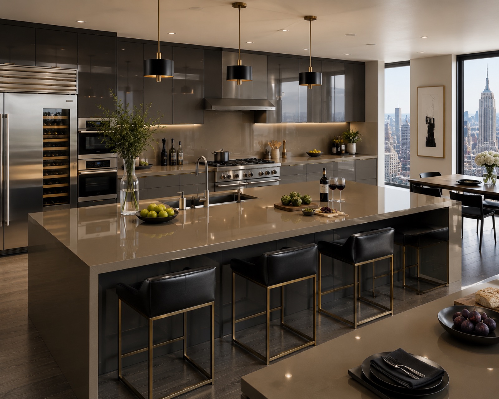 Greige glazed lava stone island worktop in a dark luxury kitchen